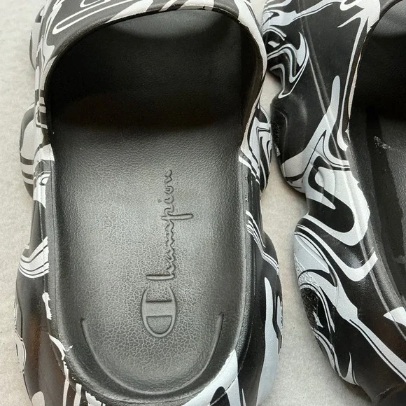 Champion IPO Warped Slides Black White Marble Swirl Sandals Mens Size 13 - Picture 11 of 14